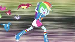 Size: 3410x1920 | Tagged: safe, imported from derpibooru, screencap, rainbow dash, bird, equestria girls, rainbow rocks, shake your tail, chase, clothes, cutie mark on clothes, eyes closed, female, high res, open mouth, running, solo