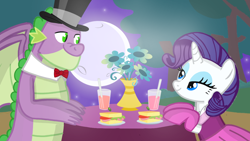 Size: 1280x720 | Tagged: safe, artist:mlplary6, imported from derpibooru, rarity, spike, dragon, pony, unicorn, clothes, date, dress, female, flower, food, looking at each other, looking at someone, male, mare, moon, older, older spike, shipping, smiling, smiling at each other, sparity, straight