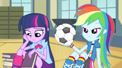 Size: 3410x1920 | Tagged: safe, imported from derpibooru, screencap, rainbow dash, twilight sparkle, equestria girls, rainbow rocks, shake your tail, book, boots, clothes, cutie mark on clothes, duo, duo female, female, football, high res, shoes, sports