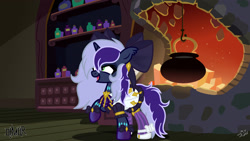 Size: 2500x1406 | Tagged: safe, artist:dianamur, artist:princessmoonsilver, imported from derpibooru, oc, oc only, oc:krystel, pony, unicorn, base used, bow, cauldron, clothes, complex background, cosplay, costume, dress, eyelashes, female, fire, fireplace, hair bow, horn, indoors, league of legends, mare, open mouth, open smile, raised hoof, smiling, solo