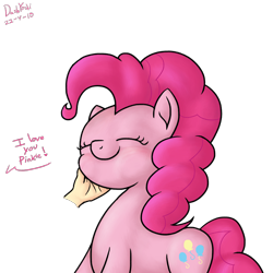 Size: 2000x2000 | Tagged: safe, artist:dashyoshi, imported from derpibooru, pinkie pie, earth pony, pony, blushing, caress, cute, diapinkes, eyes closed, hand, i love you, krita, offscreen character, offscreen human, petting, puppy pie, simple background, solo, transparent background