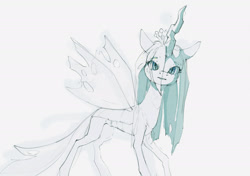 Size: 2041x1433 | Tagged: safe, artist:inkhooves, imported from derpibooru, queen chrysalis, changeling, changeling queen, female, looking at you, mare, monochrome, simple background, solo, white background