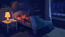 Size: 3840x2198 | Tagged: safe, artist:inkhooves, imported from derpibooru, sunny starscout, earth pony, pony, bed, bedroom, female, g5, lamp, lying down, lying on bed, mare, on bed, solo