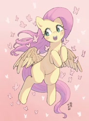 Size: 1697x2318 | Tagged: safe, artist:yanamosuda, imported from derpibooru, fluttershy, butterfly, pegasus, pony, blushing, cute, female, flying, mare, open mouth, shyabetes, solo, spread wings, wings