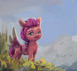 Size: 1118x1019 | Tagged: safe, artist:inkhooves, imported from derpibooru, sunny starscout, earth pony, pony, fake wings, female, filly, filly sunny starscout, foal, g5, grass, looking at you, sky, solo, younger