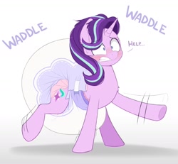 Size: 1610x1490 | Tagged: safe, artist:shuphle, imported from derpibooru, starlight glimmer, pony, unicorn, blushing, chest fluff, cute, dialogue, diaper, diaper fetish, ear fluff, female, fetish, frazzled, gritted teeth, heavy, help, impossibly large diaper, mare, nervous, nervous sweat, no tail, non-baby in diaper, onomatopoeia, poofy diaper, shadow, shrunken pupils, simple background, solo, sweat, sweatdrop, waddle, white background, wobbling