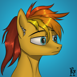 Size: 2000x2000 | Tagged: safe, artist:kirov, imported from derpibooru, oc, oc only, pegasus, pony, blue background, blue eyes, bust, male, multicolored hair, orange coat, portrait, simple background, solo