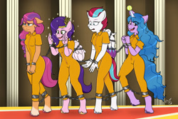 Size: 1280x853 | Tagged: safe, artist:candyblack, imported from derpibooru, izzy moonbow, pipp petals, sunny starscout, zipp storm, anthro, earth pony, pegasus, unguligrade anthro, unicorn, ball, bound wings, chained, chains, clothes, cuffs, female, g5, horn, hornball, izzy's tennis ball, jumpsuit, never doubt rainbowdash69's involvement, peace sign, phone, prison outfit, prisoner, prisoner im, shackles, sunny starscout is not amused, tennis ball, that pony sure does love phones, unamused, varying degrees of want, wings