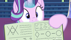 Size: 1920x1080 | Tagged: safe, artist:agrol, imported from derpibooru, screencap, starlight glimmer, pony, unicorn, animation:the god of ponies, book, constructed language, cute, female, glimmerbetes, hoof pointing, magic, magic aura, magic book, mare, solo, youtube link