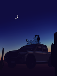 Size: 3000x4000 | Tagged: safe, artist:toanderic, imported from derpibooru, oc, oc only, oc:enduro elite, pegasus, pony, car, colored sketch, desert, looking up, lying down, moon, night, on back, pegasus oc, solo, stargazing, toyota, truck