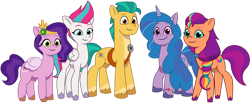 Size: 1024x420 | Tagged: safe, artist:emeraldblast63, imported from derpibooru, hitch trailblazer, izzy moonbow, pipp petals, sunny starscout, zipp storm, earth pony, pegasus, pony, unicorn, female, g5, group, male, mane five (g5), mane stripe sunny, mare, my little pony: tell your tale, simple background, size difference, stallion, transparent background, vector