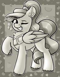 Size: 1248x1588 | Tagged: safe, artist:llametsul, imported from derpibooru, pegasus, pony, confident, eye clipping through hair, eyebrows, eyebrows visible through hair, female, fifi (g5), fruit, g5, grayscale, grin, looking at you, mare, monochrome, my little pony: tell your tale, one eye closed, raised hoof, signature, smiling, smiling at you, solo, wink, winking at you