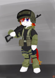 Size: 2480x3508 | Tagged: safe, artist:cunben_mapleleaf, imported from derpibooru, oc, oc:sovietsnow, pony, armor, bipedal, frown, gun, male, mare, soldier, weapon