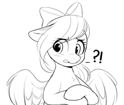 Size: 873x741 | Tagged: safe, artist:higgly-chan, imported from derpibooru, flitter, pegasus, pony, blushing, bow, cute, embarrassed, exclamation point, female, flitterbetes, floppy ears, grayscale, hair bow, interrobang, lineart, looking away, mare, monochrome, open mouth, question mark, simple background, solo, spread wings, white background, wings