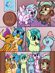 Size: 768x1024 | Tagged: safe, artist:doomfister, artist:mrleft, imported from derpibooru, gallus, ocellus, sandbar, silverstream, smolder, yona, changeling, dragon, earth pony, griffon, hippogriff, pony, yak, series:school snacks, belly, comic, digestion, female, galluspred, male, mare, ocelluspred, post-vore, smolderpred, stallion, story in the source, vore, weight gain, yonapred