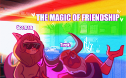 Size: 1164x720 | Tagged: safe, artist:sockiepuppetry, imported from derpibooru, lord tirek, scorpan, centaur, gargoyle, taur, :3, caption, cool, crying, gravity falls, image macro, male, meme, rainbow, sunglasses, text