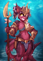 Size: 3094x4358 | Tagged: safe, artist:drizziedoodles, imported from derpibooru, oc, oc only, oc:oxide, anthro, original species, shark, shark pony, armor, belt, breasts, celtic knot, cleavage, crown, ear piercing, earring, female, freckles, furry, gauntlet, grin, jewelry, knife, knotwork, loincloth, midriff, piercing, ponytail, regalia, sharp teeth, sheath, smiling, solo, spear, species swap, teeth, triskelion, underwater, valknut, weapon, yellow eyes