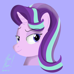 Size: 5000x5000 | Tagged: safe, artist:hamham, imported from derpibooru, starlight glimmer, pony, unicorn, absurd resolution, bust, eyebrows, eyebrows visible through hair, female, lidded eyes, looking at you, mare, purple background, signature, simple background, smiling, smiling at you, solo