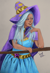 Size: 874x1280 | Tagged: safe, artist:elisdoominika, imported from derpibooru, trixie, human, bedroom eyes, cape, clothes, dress, hat, humanized, looking sideways, smiling, solo, trixie's cape, trixie's hat