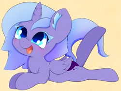 Size: 4000x3000 | Tagged: safe, artist:zokkili, imported from derpibooru, princess luna, alicorn, pony, colored eyelashes, cute, ear fluff, ethereal mane, female, filly, foal, horn, lunabetes, lying down, open mouth, open smile, prone, simple background, smiling, solo, starry eyes, starry mane, wingding eyes, wings, woona, yellow background, younger