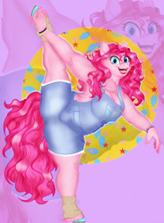 Size: 941x1280 | Tagged: safe, artist:kalamitykitty, imported from derpibooru, pinkie pie, anthro, earth pony, unguligrade anthro, armpit hair, big breasts, bracelet, breasts, busty pinkie pie, cleavage, cleavage fluff, clothes, colored hooves, fat, female, flexible, jewelry, leg warmers, open mouth, open smile, overalls, pudgy pie, smiling, solo, splits, standing, standing on one leg, vertical split, zoom layer