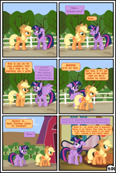 Size: 3255x4838 | Tagged: safe, artist:gutovi, imported from derpibooru, applejack, twilight sparkle, alicorn, earth pony, pegasus, pony, unicorn, comic:why me!?, alternate ending, blushing, comic, female, hat, high res, lesbian, mare, shipping, show accurate, sweet apple acres, twijack, twilight sparkle (alicorn)