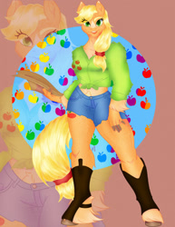 Size: 989x1280 | Tagged: safe, artist:kalamitykitty, imported from derpibooru, applejack, anthro, earth pony, unguligrade anthro, applejack's hat, clothes, cowboy hat, denim shorts, female, fluffy, front knot midriff, hat, i don't know what to tag that kind of footwear, looking at you, midriff, shorts, solo, unshorn fetlocks, zoom layer