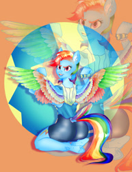 Size: 989x1280 | Tagged: safe, artist:kalamitykitty, imported from derpibooru, rainbow dash, anthro, pegasus, unguligrade anthro, back, colored wings, ear fluff, ear piercing, eyebrow piercing, female, flexing, looking at you, looking back, looking back at you, multicolored wings, piercing, rainbow wings, rear view, solo, spread wings, tail, tail feathers, tail hole, undercut, underhoof, wings, workout outfit, wristband, zoom layer