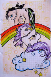 Size: 495x748 | Tagged: safe, artist:fukari, imported from derpibooru, oc, oc only, oc:celtic cross, oc:toxic apple, pegasus, pony, cloud, duo, graph paper, pegasus oc, rainbow, traditional art, wings