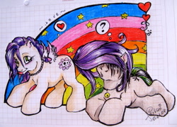 Size: 695x499 | Tagged: safe, artist:fukari, imported from derpibooru, oc, oc only, oc:celtic cross, oc:toxic apple, pegasus, pony, :p, duo, g3, graph paper, heart, jewelry, necklace, pegasus oc, pictogram, question mark, rainbow, tongue out, traditional art, wings