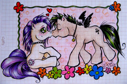 Size: 722x478 | Tagged: safe, artist:fukari, imported from derpibooru, oc, oc only, oc:celtic cross, oc:toxic apple, pegasus, pony, flower, graph paper, heart, oc x oc, pegasus oc, shipping, traditional art, wings