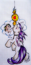 Size: 351x740 | Tagged: safe, artist:fukari, imported from derpibooru, oc, oc only, oc:celtic cross, oc:toxic apple, pegasus, pony, candy, duo, eyes closed, fishing rod, food, graph paper, kissing, pegasus oc, thought bubble, traditional art, underhoof, wings