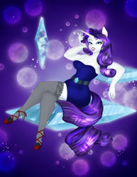 Size: 989x1280 | Tagged: safe, artist:kalamitykitty, imported from derpibooru, rarity, anthro, unguligrade anthro, unicorn, abstract background, breasts, busty rarity, clothes, crossed legs, dress, female, gem, hoof shoes, lipstick, looking at you, reflection, smiling, solo, stockings, thigh highs