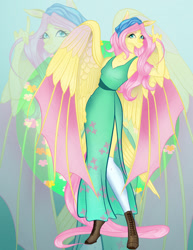 Size: 989x1280 | Tagged: safe, artist:kalamitykitty, imported from derpibooru, fluttershy, anthro, bat pony, unguligrade anthro, bandana, bat ponified, clothes, colored wings, dress, fangs, feathered wings, female, flutterbat, hoof boots, hybrid wings, kneesocks, membranous wings, multicolored wings, race swap, side slit, slit pupils, socks, solo, tail, tail feathers, wings, zoom layer