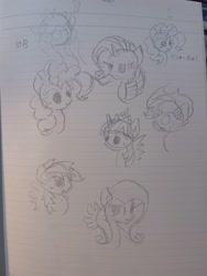 Size: 1536x2048 | Tagged: safe, artist:tiga mega, imported from derpibooru, applejack, fluttershy, pinkie pie, queen chrysalis, rainbow dash, rarity, twilight sparkle, alicorn, earth pony, pegasus, pony, unicorn, bust, female, horn, japanese, lined paper, mane six, mare, traditional art, twilight sparkle (alicorn), wings