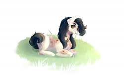 Size: 1280x870 | Tagged: safe, artist:meggychocolatka, imported from derpibooru, oc, oc only, earth pony, pony, earth pony oc, lying down, prone, simple background, solo, white background