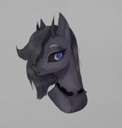 Size: 1035x1080 | Tagged: safe, artist:meggychocolatka, imported from derpibooru, oc, oc only, pony, black sclera, bust, gray background, horns, simple background, solo