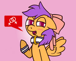 Size: 673x537 | Tagged: safe, artist:gogglesparks, imported from derpibooru, scootaloo, pony, alternate hairstyle, blushing, bow, bracelet, collar, female, filly, foal, hair bow, jewelry, lesbian, lesboloo, lidded eyes, looking at you, open mouth, pink background, raised hoof, simple background, solo, speech bubble, spread wings, wings