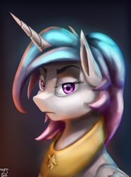 Size: 1000x1346 | Tagged: safe, artist:vezja, imported from derpibooru, princess celestia, alicorn, pony, equestria at war mod, abstract background, angry, bust, celestia is not amused, female, horn, jewelry, mare, peytral, portrait, regalia, signature, simple background, solo, unamused, wings
