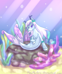 Size: 984x1172 | Tagged: safe, artist:churobu, imported from derpibooru, oc, oc only, oc:moon sparkle, merpony, pony, sea pony, seapony (g4), bubble, chest fluff, coral, crepuscular rays, female, flowing mane, flowing tail, mare, ocean, pink mane, ribbon, seaponified, smiling, solo, species swap, sunlight, tail, underwater, unshorn fetlocks, water