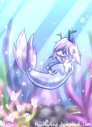 Size: 1244x1716 | Tagged: safe, artist:churobu, imported from derpibooru, oc, oc only, oc:moon sparkle, pony, sea pony, seapony (g4), antlers, coral, crepuscular rays, fish tail, hair over eyes, ocean, purple mane, seaponified, seapony oc, smiling, solo, species swap, sunlight, swimming, tail, underwater, unshorn fetlocks, water