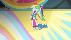 Size: 3410x1920 | Tagged: safe, imported from derpibooru, screencap, rainbow dash, equestria girls, rainbow rocks, shake your tail, boots, clothes, cutie mark on clothes, eyes closed, female, high res, open mouth, open smile, shoes, smiling, solo