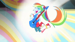 Size: 3410x1920 | Tagged: safe, imported from derpibooru, screencap, rainbow dash, equestria girls, rainbow rocks, shake your tail, boots, electric guitar, eyes closed, female, guitar, high res, musical instrument, open mouth, open smile, ponied up, shoes, smiling, solo