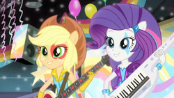 Size: 3410x1920 | Tagged: safe, imported from derpibooru, screencap, applejack, rarity, equestria girls, rainbow rocks, shake your tail, applejack's hat, bass guitar, cowboy hat, duo, duo female, female, hat, high res, musical instrument, palindrome get, ponied up, smiling