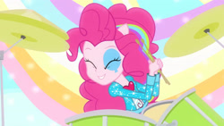 Size: 3410x1920 | Tagged: safe, imported from derpibooru, screencap, pinkie pie, equestria girls, rainbow rocks, shake your tail, cute, diapinkes, drum kit, drums, drumsticks, eyes closed, female, high res, musical instrument, ponied up, smiling, solo