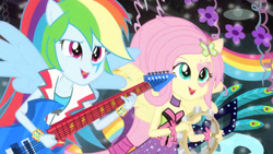 Size: 3410x1920 | Tagged: safe, imported from derpibooru, screencap, fluttershy, rainbow dash, equestria girls, rainbow rocks, shake your tail, bare shoulders, duo, duo female, electric guitar, female, guitar, high res, musical instrument, open mouth, open smile, ponied up, sleeveless, smiling, spread wings, strapless, tambourine, wings