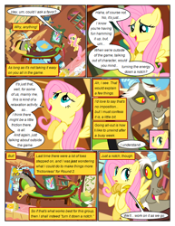 Size: 612x792 | Tagged: safe, edit, edited screencap, imported from derpibooru, screencap, discord, fluttershy, draconequus, pegasus, pony, comic:friendship is dragons, comic, dialogue, female, fluttershy's cottage, indoors, male, mare, screencap comic, wings