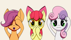 Size: 1024x576 | Tagged: safe, artist:arcuswind, imported from derpibooru, apple bloom, scootaloo, sweetie belle, earth pony, pegasus, pony, unicorn, cutie mark crusaders, female, filly, foal, hear no evil, see no evil, speak no evil, three wise monkeys