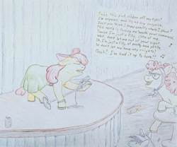 Size: 1280x1063 | Tagged: safe, artist:docard, imported from derpibooru, apple bloom, twist, earth pony, pony, clothes, dress, female, filly, foal, microphone, microphone stand, singing, song, text, traditional art