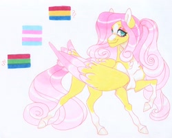 Size: 3709x2978 | Tagged: safe, artist:frozensoulpony, imported from derpibooru, fluttershy, pony, alternate design, colored wings, headcanon, multicolored wings, sexuality headcanon, solo, traditional art, transgender, wings